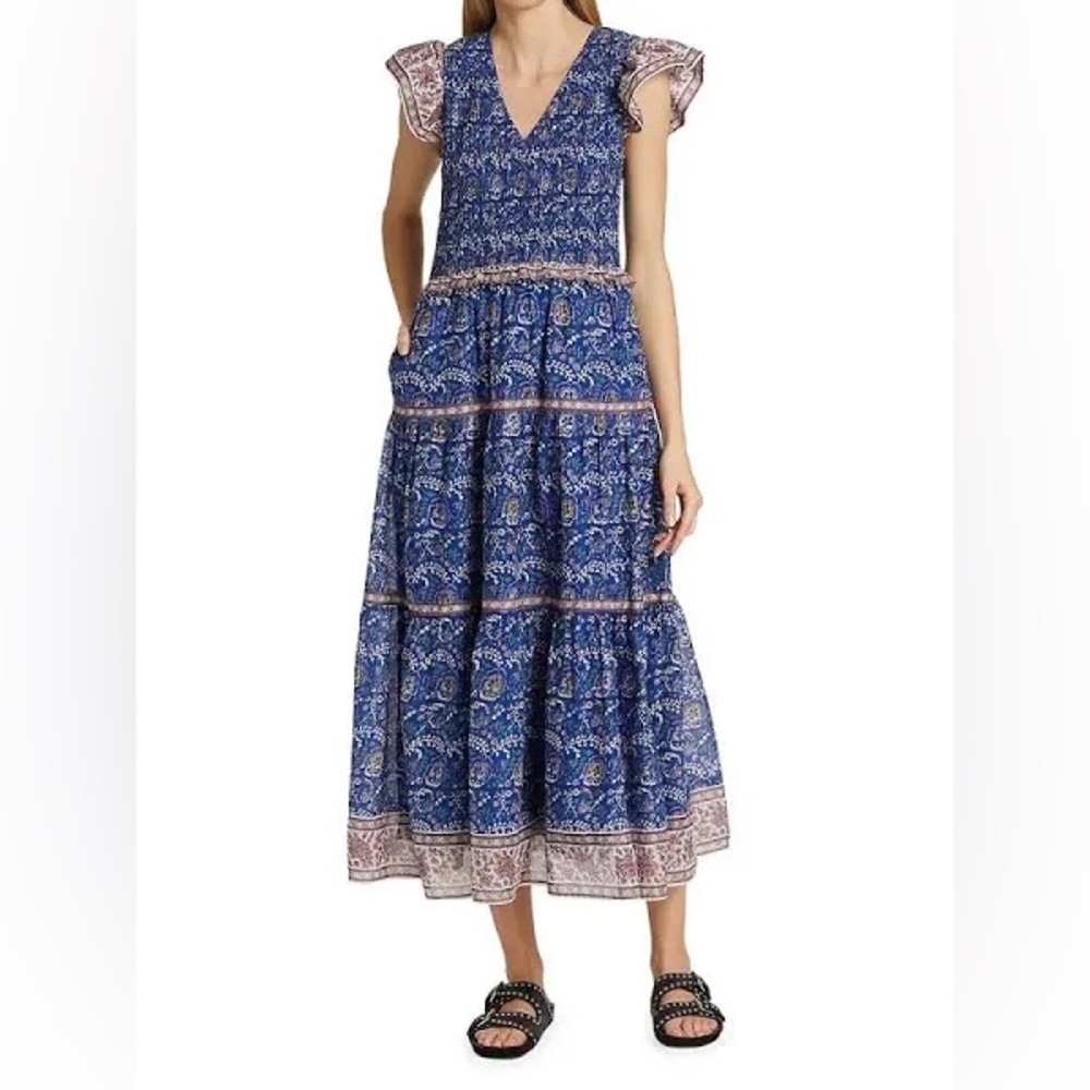 SEA New York 0 Rosita Smocked Flutter Sleeve Midi Dress Blue Floral Multi Cotton